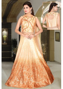 Peach,Gold Cream Color Soft Raw Silk,net Gown